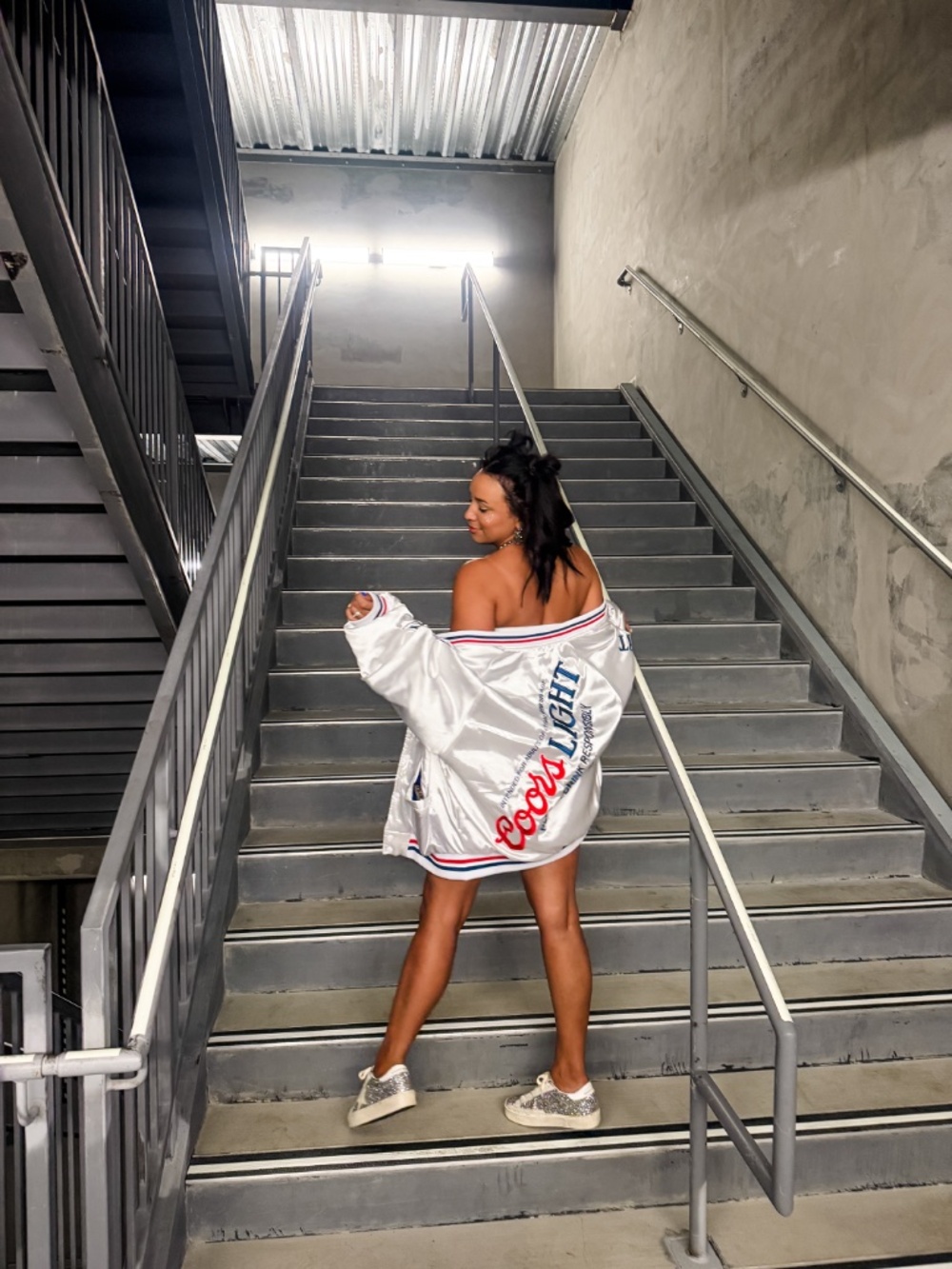 The Laundry Room White Bomber Jacket with Red & Navy Coors Light Script